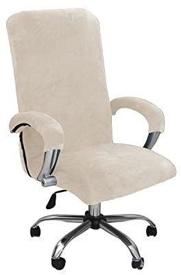 Sammetsplysch kontorsstol överdrag med armstöd enfärgad, stretchöverdrag för kontorsstol elastiskt stolskydd spandex kontor dator stolsöverdrag avtagbart för stolskydd, beige, XL