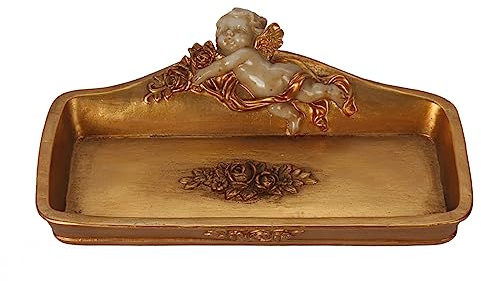 S-MANTIS Vintage Tray Antique Trinket Dish, Small Rectangular, Ring Holder With Cherub and Floral Design,Jewelry Or Cosmetics Makeup Storage Organizer,Gift,Aesthetic Room Decor (Ivory and Gold-Cherub)