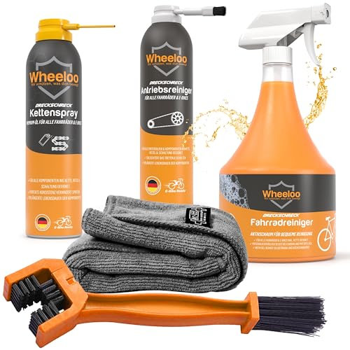WHEELOO Fahrrad Reinigungsset 5 teilig I Made in Germany Fahrradreiniger + Kettenreiniger + Kettenöl + Kettenbürste + Reinigungstuch I Pflegeset für MTB Ebike Fahrradpflege I Fahrradreinigungs Set
