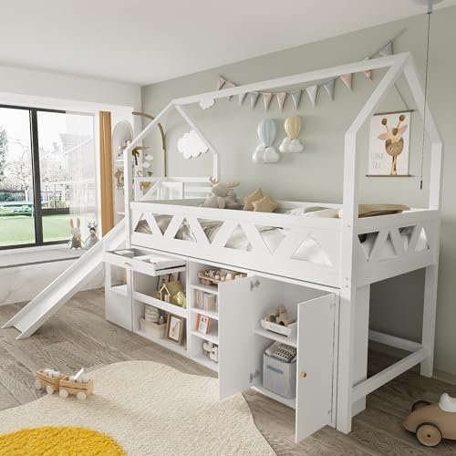 Kinderbett Hochbett 90x200, Etagenbett Hausbett mit Rutsche, Stauraumtreppen, Schubladen und Schließfach, Holzbett Einzelbett Bettgestell mit Rausfallschutz&Lattenrost, Massivholz, Ohne Matratze, Weiß