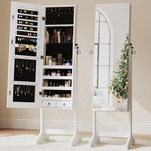 Dripex White Jewelry Organiser Mirror Wardrobe, Free Standing Mirror with Large Storage, Lockable Jewelry Armoire Unit, 3 Angles Adjustable