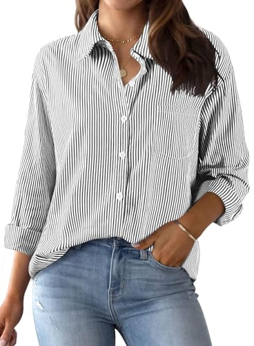Xnova Chemisier à Rayures avec Boutons pour Femme, Coton Haut Blouse Manches Longues Décontracté Blouses à Rayés Ample, Boutonnière Col en V Chemise Tops avec Poche de Travail