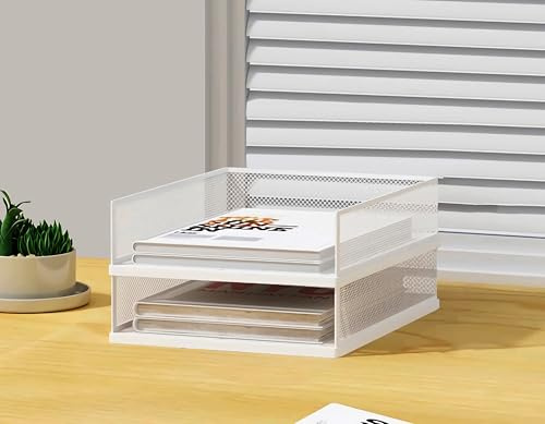 A3 Stackable Paper Letter Tray Organizer, 2/3/4 Tier, Metal Mesh File Folder Organizer for Desk with File Holder for Home Office Supplies, Black,White (A3,White,Vertical, 2 Tier)