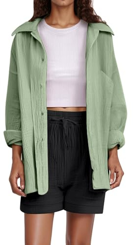 Camisa de lino con botones para mujer, de manga larga, cuello a la moda, de gasa, casual, ligera, ropa de algodón de gran tamaño, color liso, camisa de lino de muselina para mujer, verde claro, XXL