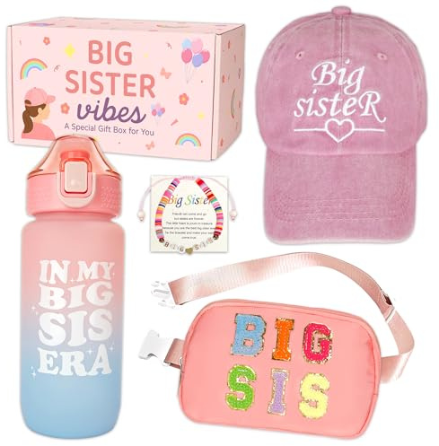 Merrypuls Big Sister Gifts for Girls – 4PCS Big Sister Gift Set with Cap, Fanny Pack, Water Bottle & Bracelet – Birthday Present or New Baby Sibling Gift