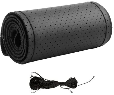 Couvre Volant Voiture en Cuir Souple, Housse de Volant de Voiture 37-38CM Universelle Couvre-Volant à Coudre en Cuir Souple Microfibre pour Roues, Noir（Longueur 53 cm）