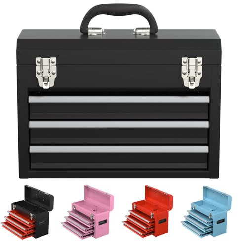 Kieperi 3 Drawers small Tool Box,Portable 3 Drawer Steel Tool Box with Locking System toolbox organization with Liner for Tools Storage (Black)