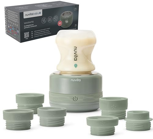 Nuvita 1166 Warm70 Calientabiberones Portátil Inalámbrico 70°C – Recargable por USB, Compatible Universal con 6 Adaptadores, 5 Niveles de Temperatura hasta 70°C, Calentamiento Rápido en 2,5 Min