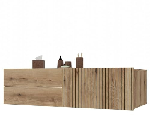 CDF Mueble bajo lavabo colgante con 2X cajones + compartimento Muebles de baño con frentes a lamas y tiradores – Espacio de almacenamiento para cosméticos, toallas y accesorios de baño – Diseño