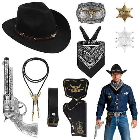 FICOFISE Set med 10 Cowboy Accessoarer för män, klassisk cowboykostym för män med cowboy hatt bandana cowboy band västerländsk hölster lämplig för karnevaler, halloween och karnevalsevenemang | Western cowboyhatt kostym för vuxna temafester, alla hjärtans dag, karneval (svart)