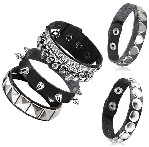 MSLSOZ 5-Piece Punk Bracelets Set, Black Leather Studded Bracelet, Personalized Rock Spike Bracelet, Unisex, Adjustable, for Party Accessories and Gifts.