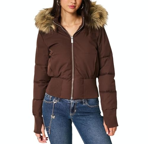 Giacca da donna con cappuccio in pelliccia sintetica, trapuntata, imbottita e calda, modello bomber, con tasche con cerniera, per l'inverno, Marrone, S