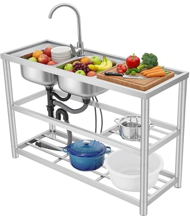 Lavello autoportante in acciaio inox, 2 vasche a 3 livelli, lavello da cucina in acciaio inox, autoportante, lavello commerciale, 120 x 45 x 80 cm, per cucina, garage, lavanderia, ristorante