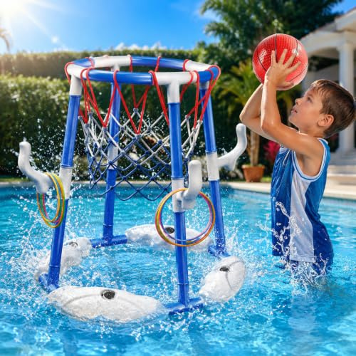 Panier de Basket Flottant, Panier Basket Piscine 2 en 1, Pool Basketball Hoop, Ensemble de Basketball à Eau avec 2 Ballons, 12 Anneaux et Pompe, Jouets Basketball Aquatiques pour Enfants et Adultes