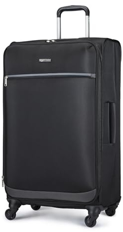 Amazon Basics 28 Large Checked Softside Expandable Suitcase with 360-Degree Multi-directional Spinner Wheels, Expandable Capacity, Zippered Pockets, Telescoping Handle, Black