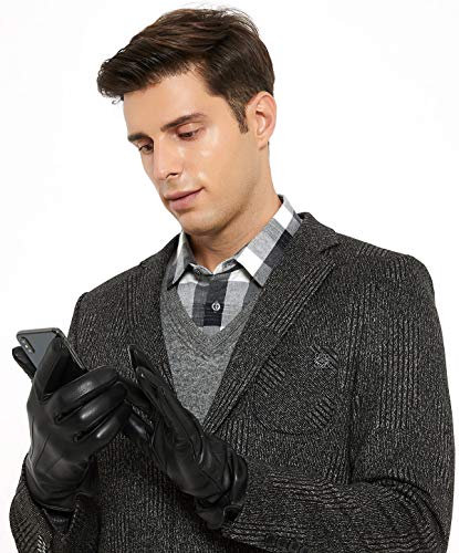 ZLUXURQ Herren Schwarz Weiches Lammfell Leder Touchscreen Winter Fahrhandschuhe Kaschmir Gefüttert, bequem und warm.