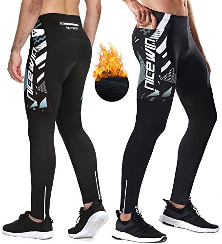NICEWIN Radlerhose Fahrradhose Herren Lang mit Sitzpolster 4D Gepolsterte Winter Thermo Radhose Atmungsaktiv stoßfeste Tights Elastisch Hosen,XL,Grau-Thermo Wolle