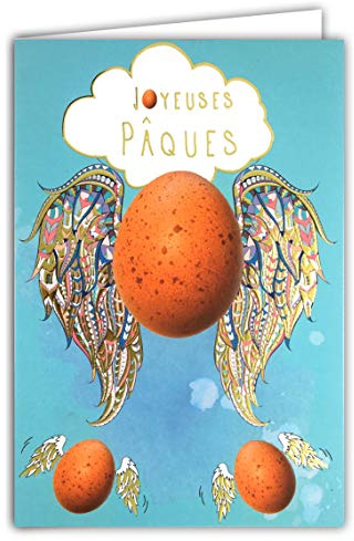 62-1017 Carte Joyeuses PÂQUES œufs volants Ailes en Or Doré Brillant - Avec enveloppe - Format fermé 115x170mm ; Fabrication Française ; vif d'or ; coquille ; poussin ; nuage ; bleu ciel ;