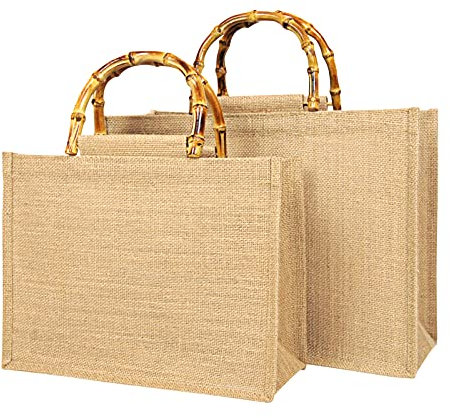 Tibroni 1 pezzi Borsa Juta Borse Juta da Rivestire All'uncinetto Borsa Uncinetto Borse Uncinetto Manici Bamboo, Regali Per Shopping Picnic Viaggi Spiaggia (33 X 26 X 14 cm)