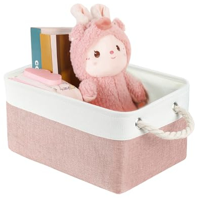 LordCom Storage Bins with Sturdy Cotton Handles(1 Pack), Fabric Storage Baskets for Organizing use for Office & Home, Book, Clothes, Toys, Closet Boxes (Small, Pink-White, 12.2x8.3x6.3 inches)