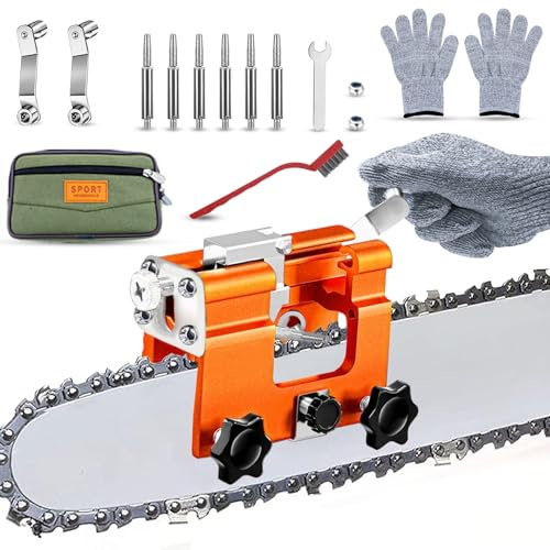 Haishine Affuteuse de Chaine Tronconneuse, Affuteur Chaine Tronçonneuse à Portable Manivelle Kit avec 6 Têtes de Ponçage Affûteur de Tronçonneuse pour Bûcherons et Jardiniers