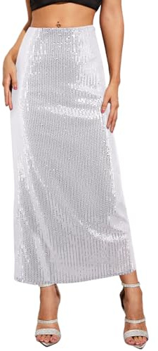 Naimo Jupe longue à paillettes pour femme - Taille haute - Jupe crayon moulante - Jupe longue pour mariage et fête, argenté, S
