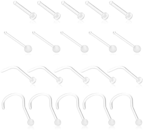 Yolev 20 Pcs Clear Nose Stud, 4 styles of Acrylic Nose Retainers Invisible Nose Septum Ring Clear Nose Studs Rings Lip Cartilage Tongue Belly Eyebrow Tragus Earring Barbell for Work