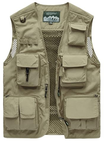 Vanchenl Giubbotto da uomo per il tempo libero safari pesca all'aperto lavoro giacca foto viaggio cargo maglia gilet multi tasche, cachi, L