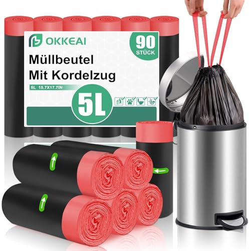 OKKEAI Müllbeutel 5l Schwarz Kleiner Müllsäcke mit Kordelzug Geeignet für Badezimmer,Toilette,90 Stück Abfallbeute