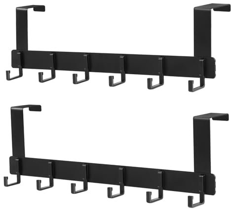 Votoko 2 Stück Türhaken zum Einhängen für Tür bis 4,5cm Dicke, Türgarderobe mit 6 Haken, Kleiderhaken Tür Ohne Bohren Türhakenleiste, für Badezimmer Küche Wohnzimmer Schlafzimmer(Schwarz)