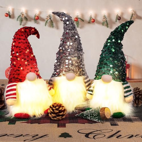 3 Stücke Weihnachtswichtel mit Lichtern, Weihnachtswichtel-Plüschdekorationen, schwedische handgefertigte Plüschwichtel-Ornamente, Elfen-Weihnachtsdekorationen für den Tisch im Innenbereich zu Hause