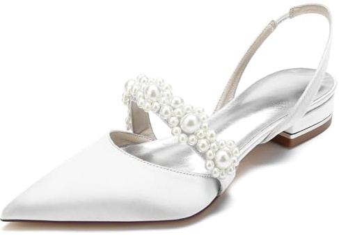 Talon Ouvert Cheville Perle Plates Chaussures de Mariage Bout Pointu Dentelle Robe Chaussures de mariée,Blanc,40 EU