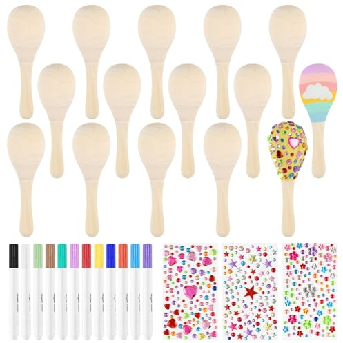 6 Pcs Wooden Maracas, Mexican Fiesta Party Favors, PLULON Unfinished Maracas Shakers Musical Fiesta Party Decorations Colorful Painting Tools Mexican Birthday Cinco De Mayo Party Supplies