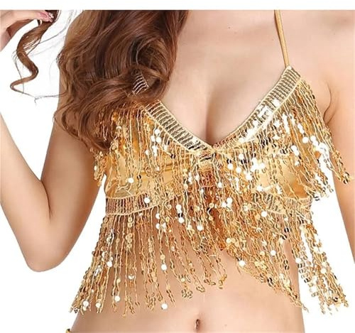 SHENJMAI Gnistrande BH paljetter magdans paljett frans topp prestanda grimma bh danskläder show kostymer grimma bh prestanda topp latin mage dans bh topp, Guld, one size
