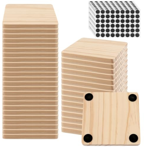 NAMYEUT 40 st 10 cm oavslutade träunderlägg bulk, 10 x 10 cm fyrkantiga tomma träunderlägg med 160 st halkfria fotmattor för hantverk, gravyr, gör-det-själv-målning