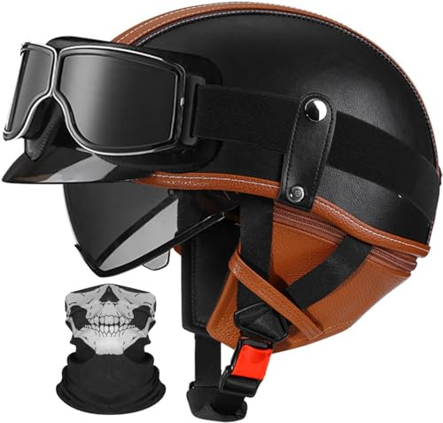 Retro Alemán Estilo Moto Casco ECE/Dot Homologado Moto Jet Medio Casco con Visera, Retro, De Media Cara, para Casco para Scooter De Verano, Motocicleta para Hombres Y Mujere 6,XL