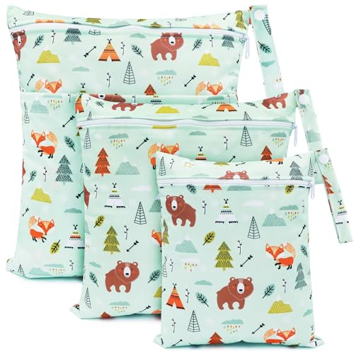 FenFang Bolsas Pañales Impermeables, 3 PCS Bolsa Muda Bebe, Wetbag Portátil para Mamá, Organizador de Colgar de Maquillaje Viaje Playa Piscina, Wet Bag de Tela Reutilizable Lavable (Oso Verde)