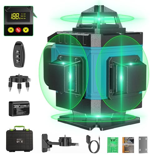 Nivel Laser Autonivelante 360 Grados, Nivel Láser Verde 16 Líneas, 2 x 360 Horizontal y 2 x 360 Verticales