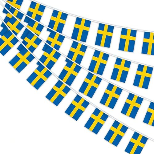 AhfuLife flaggkedja flaggkedja flaggirlang, 30 flaggor på båda sidor rektangel tyg vimpel girlang landsflagga för VM EM euro party bar (Sverige, 14 x 21 cm – 1 styck)