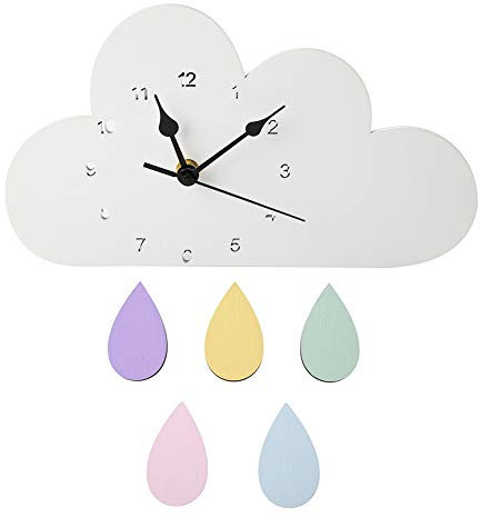 Steellwingsf - Orologio da parete a forma di nuvola in legno nordico a forma di goccia di pioggia, decorazione da parete per camera dei bambini, decorazione da parete, colore: bianco
