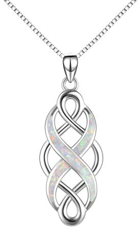 YFN Celtic Knot Necklace Created Opal Pendant Sterling Silver Infinity Love Jewelry (White Opal Heart Necklace)