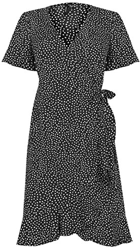 VERO MODA Damen Vmhenna 2/4 Wrap Frill Dress Noos Kleid, Black/AOP:Tiny Dots, L EU