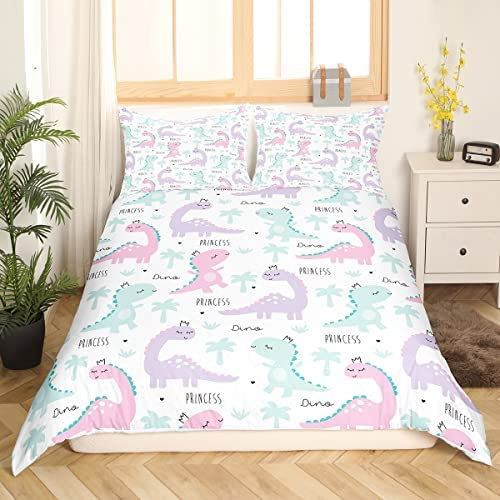 Homewish Dinosaurier Trösterbezug Rosa Lila Dinosaurier Bettwäsche-Set für Kinder Mädchen Cartoon Bettbezug-Set Jurassic-Serie Schöne süße Tiere Bettbezug Kinderzimmer Dekor mit 1 Kissenbezug 135X200