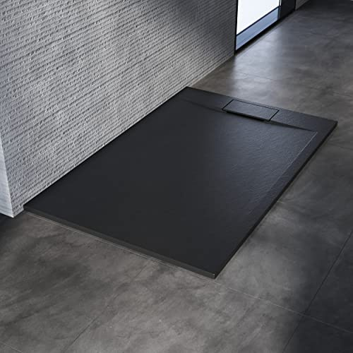 SONNI Duschkar 120 x 90 svart 32 mm platt duschbricka skifferutseende och halkfri struktur inklusive sifon