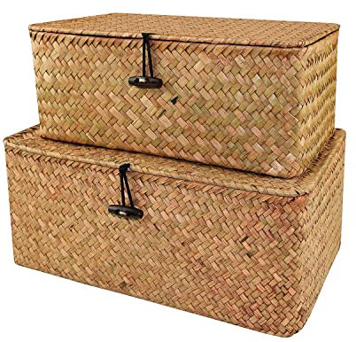 Panier de rangement en osier tressé avec couvercles, panier à linge en jonc de mer, organisateur de maquillage pour salle de bain, salon, cuisine (L + XXL)