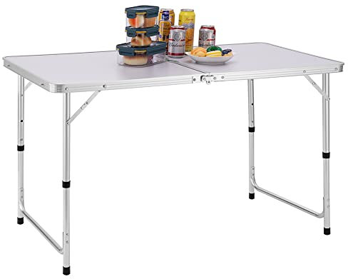 BAKAJI Tavolo da Campeggio Picnic con Altezza Regolabile, Struttura in Alluminio, Sistema Pieghevole con Maniglia per Trasporto Facilitato, Ideale per Giardino e Pranzi Esterni, 60x120x70cm (Bianco)
