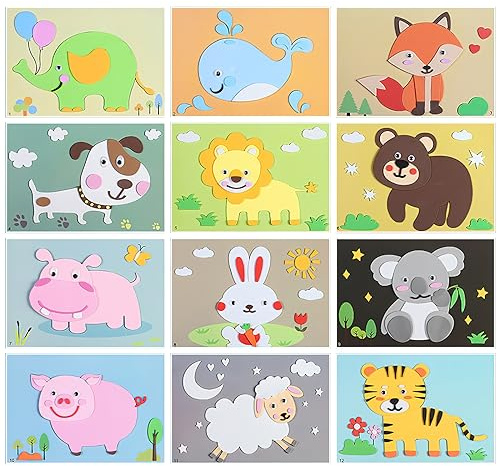 TNSLAND 12 Piezas Mosaico DIY Set Animales de la Selva para Niños, Artesanía Creativa, Pegatinas 3D Autoadhesivas, Dibujos Animados Espuma Puzzle Hecho a Mano