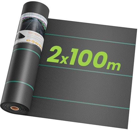 OUNUO 2m x 100 m Heavy Duty Weed Control Membrane Garden Weed Barrier UV Protection Weed Fabric for Patios Garden Flower Beds Landscaping Black Woven Roll Ground Cover
