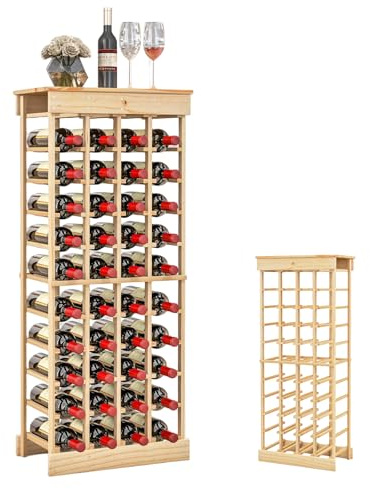 KOMFOTTEU Porta bottiglie su base per 40 bottiglie, scaffale per bottiglie a 10 livelli, in legno di pino, armadietto per vino verticale, per cucina, cantina per vino, 46,2 x 27,5 x 113,2 cm