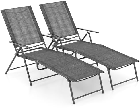 COSTWAY Folding Sun Lounger Set of 2, 6 Positions Adjustable Patio Chaise Lounger with 2-Level Footrest, Armrests & Texline Seat, Metal Frame Outdoor Reclining Chair for Garden Beach Camping